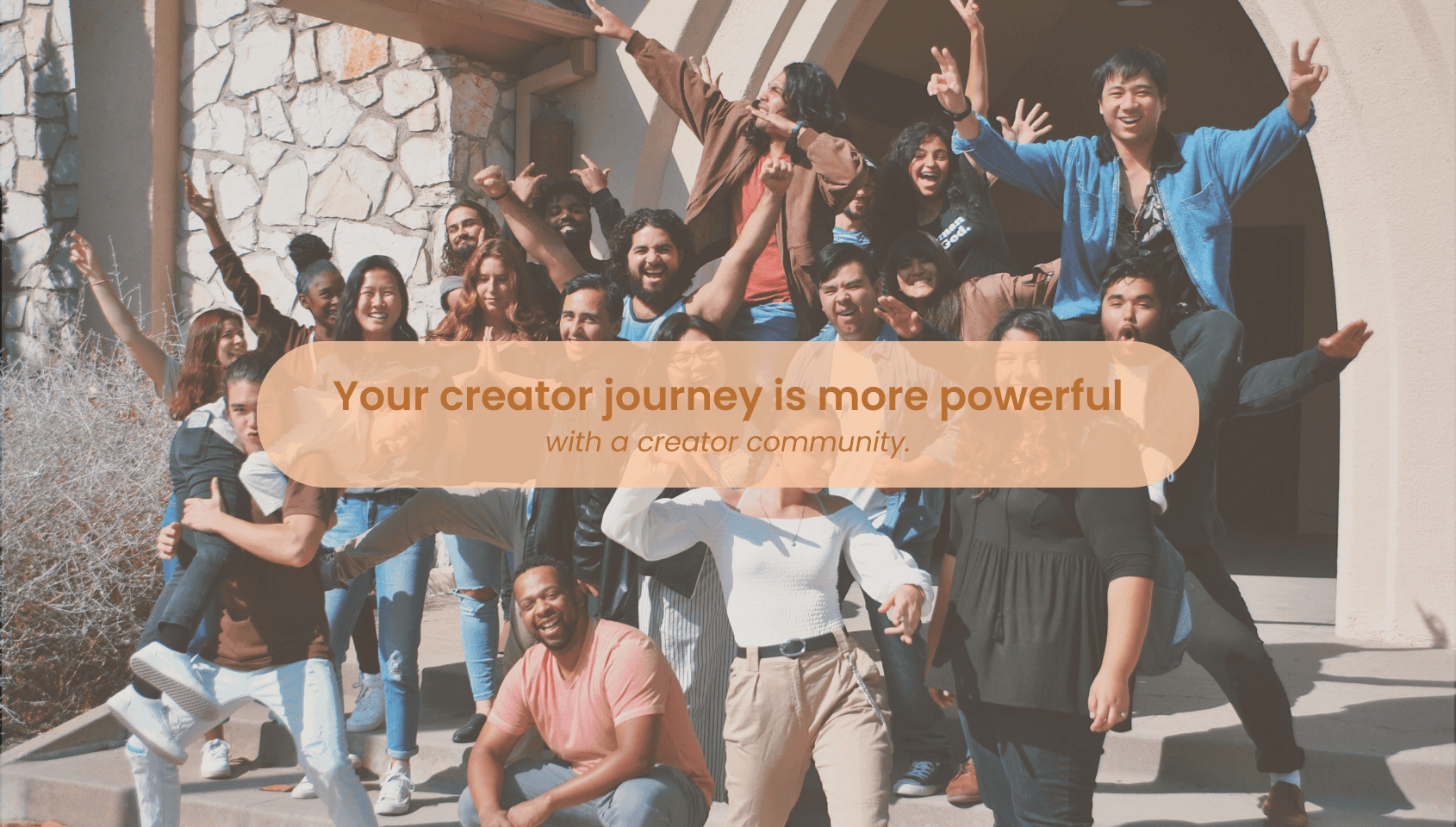 A group of happy people reflecting the aspects of a thriving online creator community.