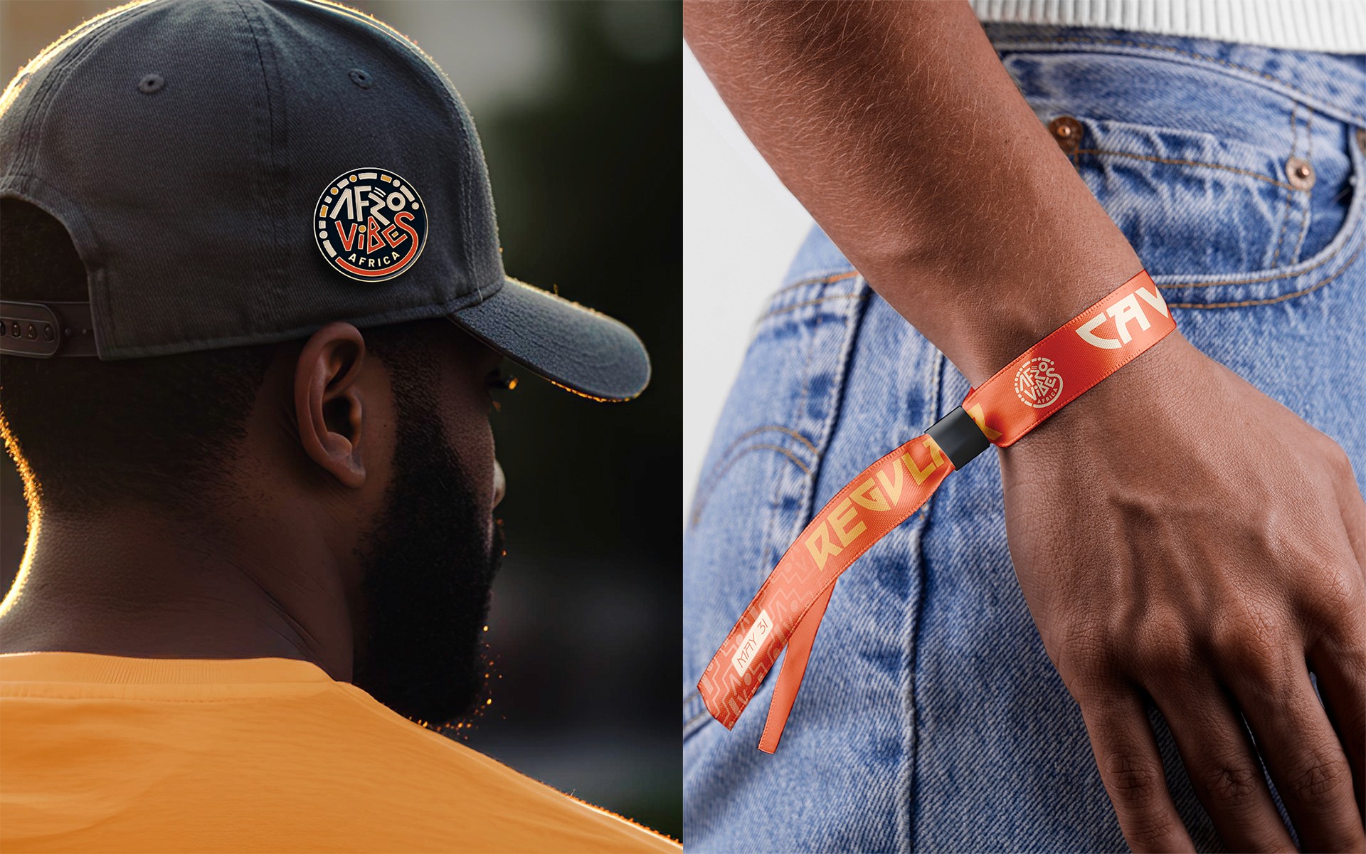 Afrovibes Africa visual identity application, merch — logo, typography and color system, MetaCraft. 
