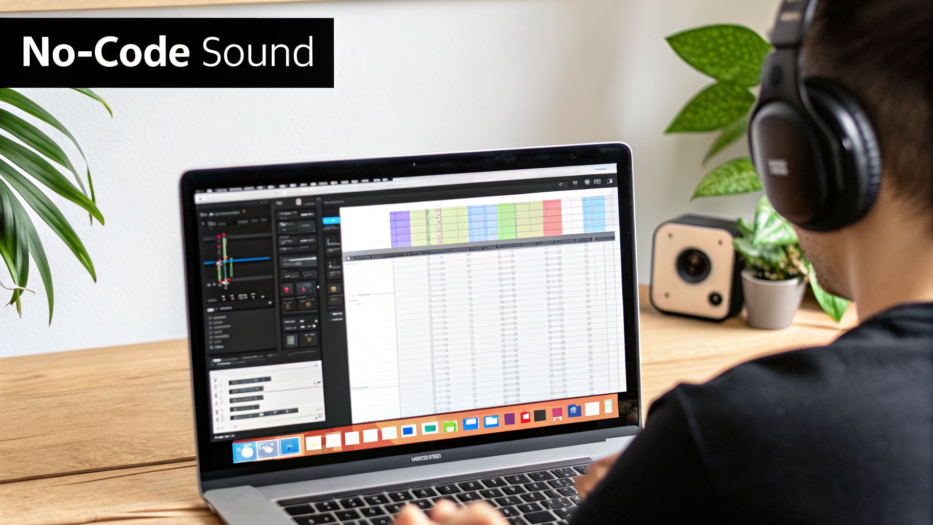 A person with headphones working on a laptop, using “No-Code Sound” software for music production.