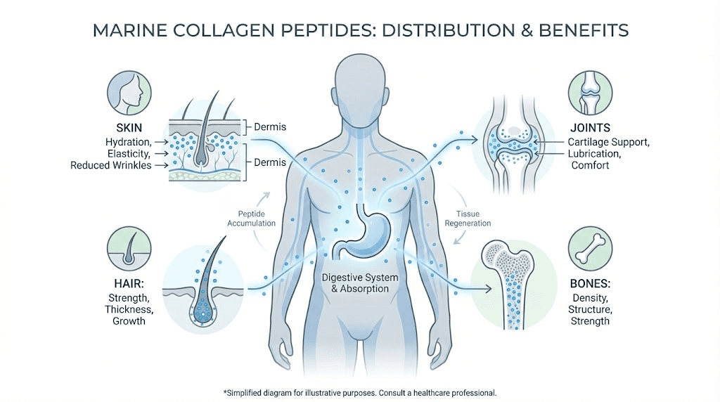 Marine collagen peptides body distribution and target tissues diagram