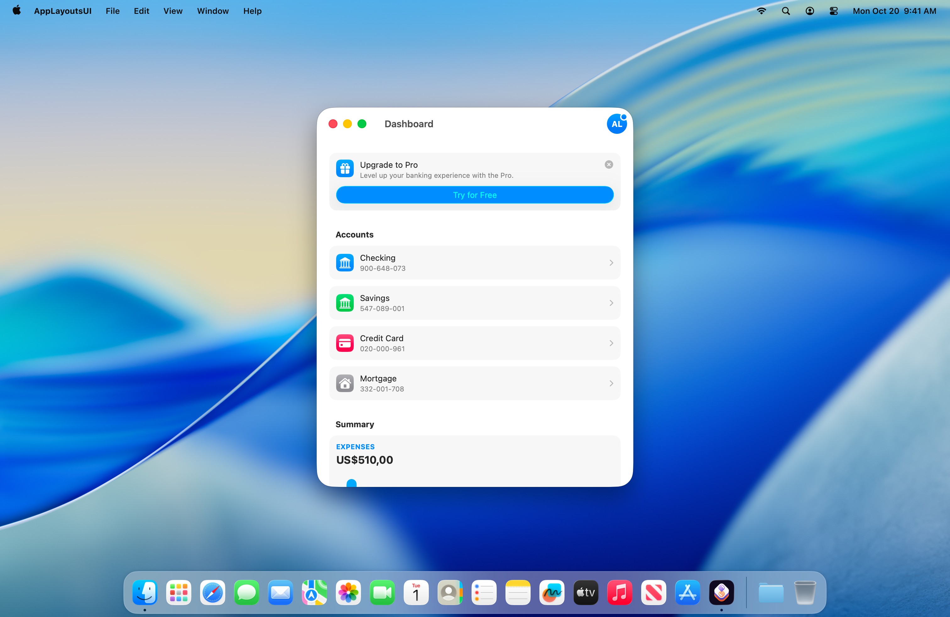 AppLayoutsUI Home screen on macOS.