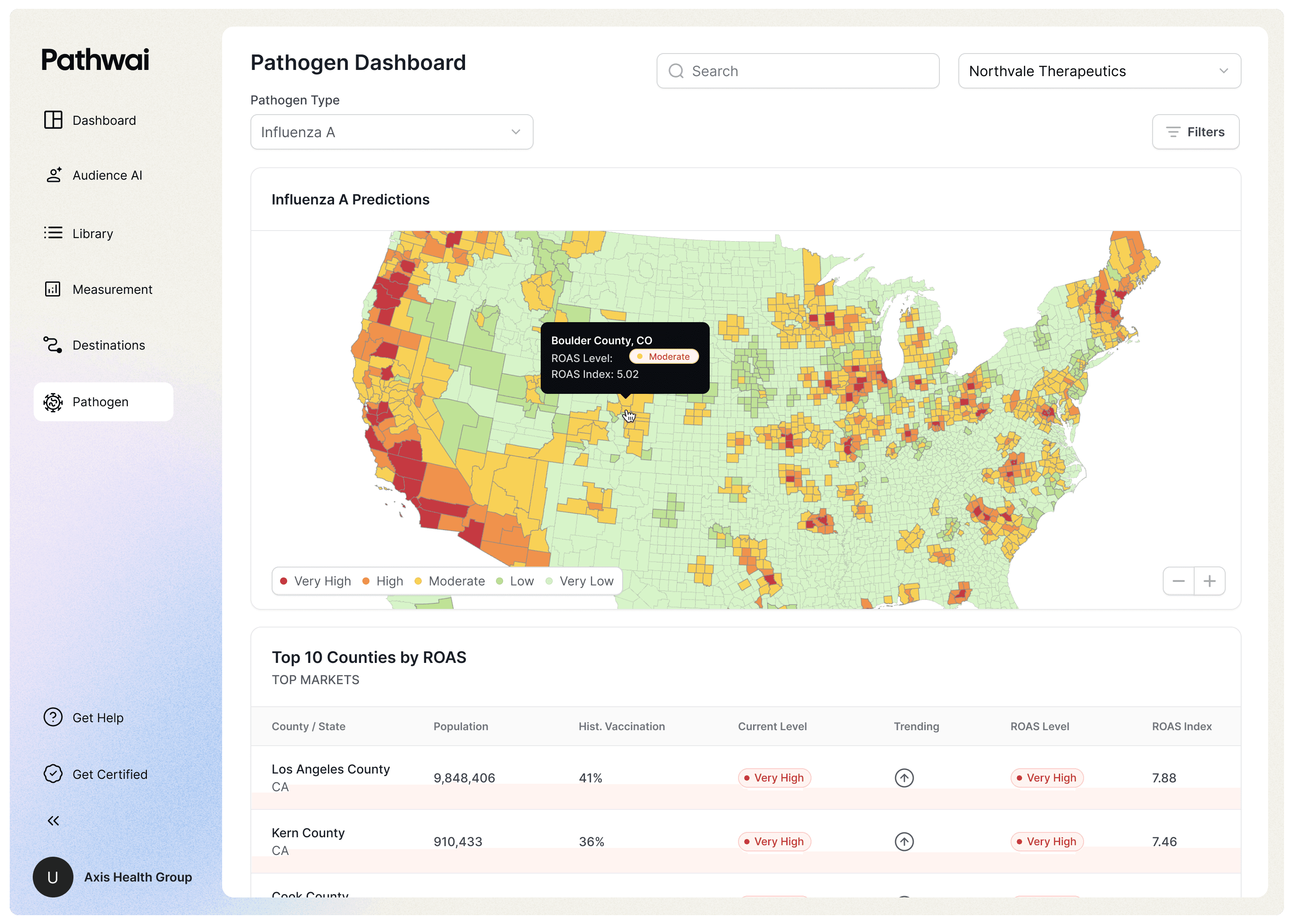 Pathways patogendiagram visar influensarisk i USA, kartlagt per län.