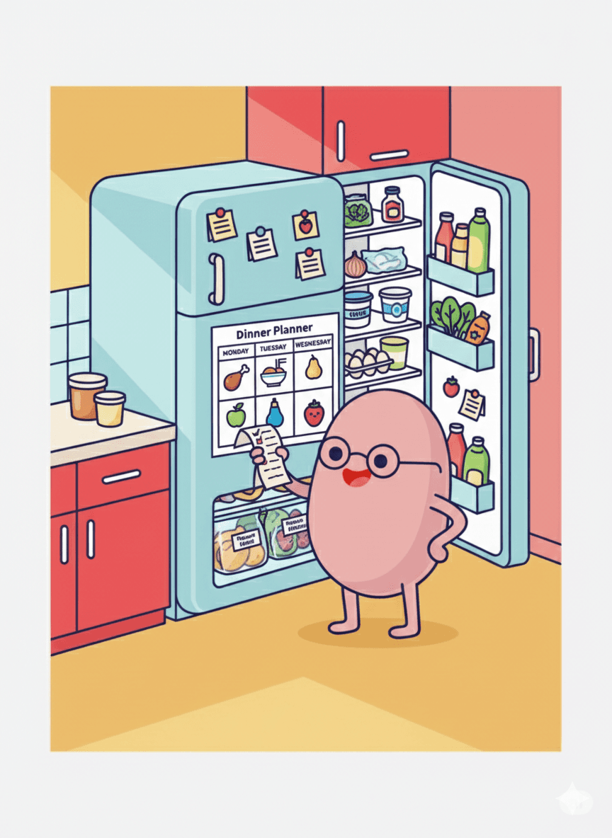 A cozy urban kitchen with a single open fridge showing common small-household ingredients like spinach, eggs, yogurt, and a half onion. In front of the fridge stands a quirky, friendly cartoon potato character holding a shopping list and looking triumphantly at the ingredients. Include subtle signs of smart meal planning, like post-it notes on the fridge and a freezer drawer slightly open with labeled bags. The overall vibe is warm, playful, and practical — this is someone saving money on food shopping by reducing waste.