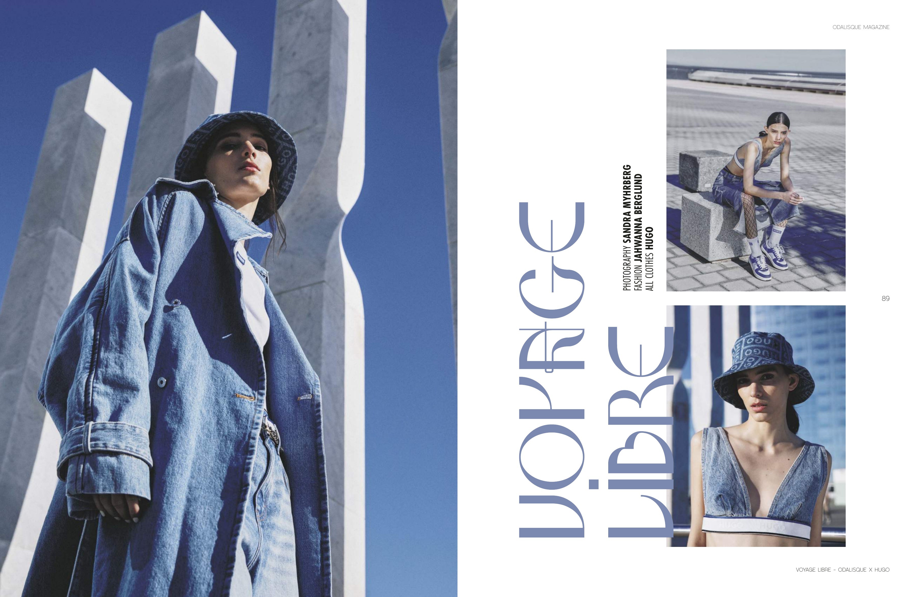 Blue fashion photographs set against a white page with a distinctive vertical headline.