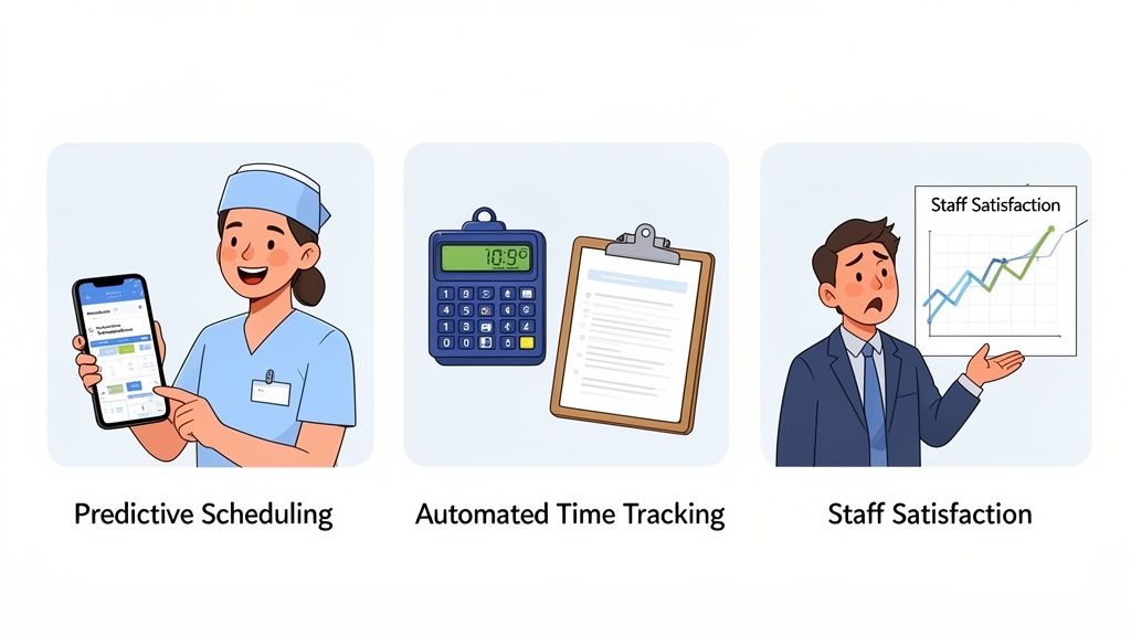Illustrations showing predictive scheduling, automated time tracking, and staff satisfaction for healthcare workforce management.