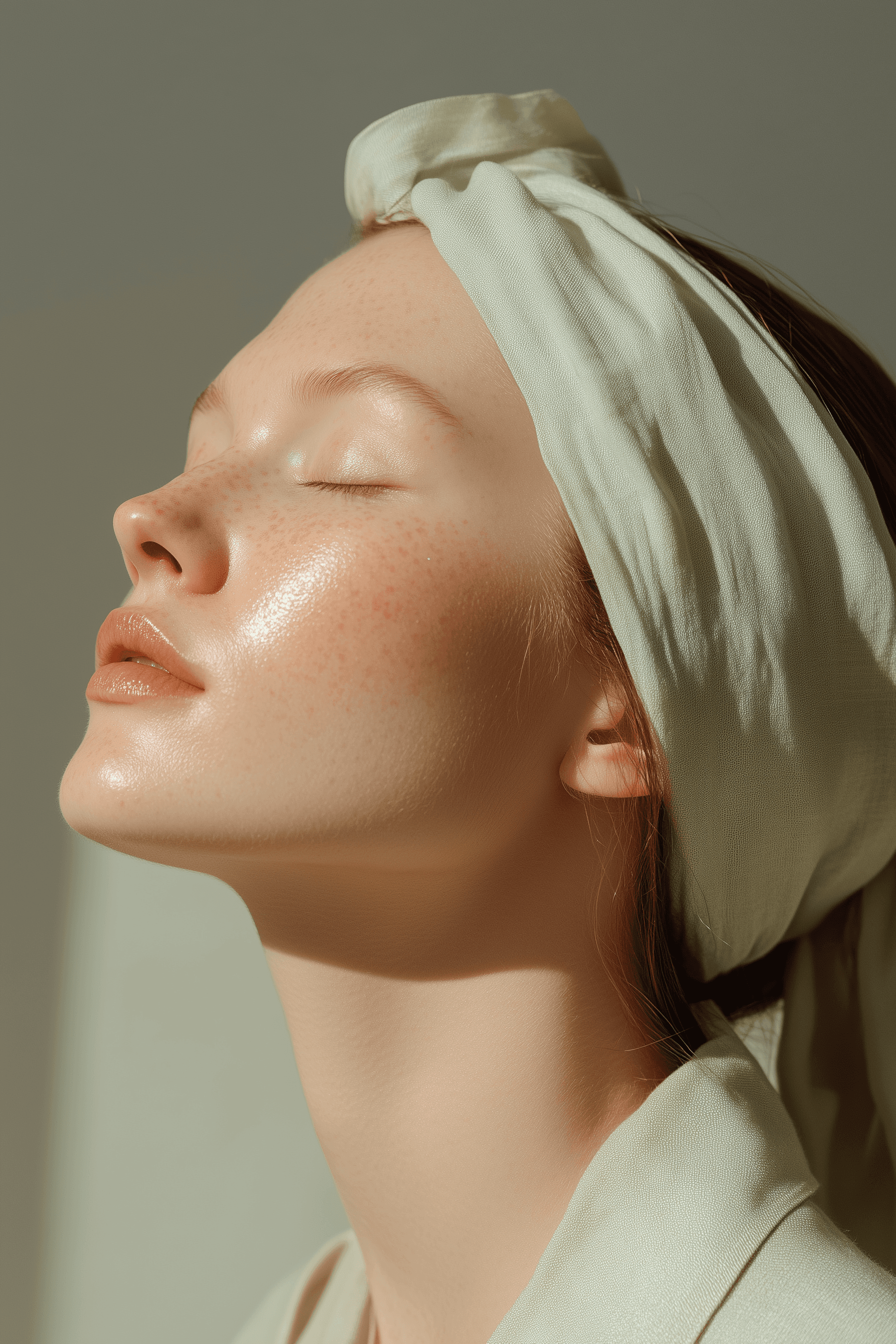 A close-up portrait of a woman with a headscarf, eyes closed and illuminated by soft sunlight, with glowing skin.