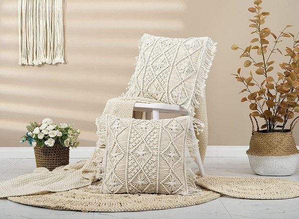Ivory handwoven macrame cushion cover with intricate knot pattern