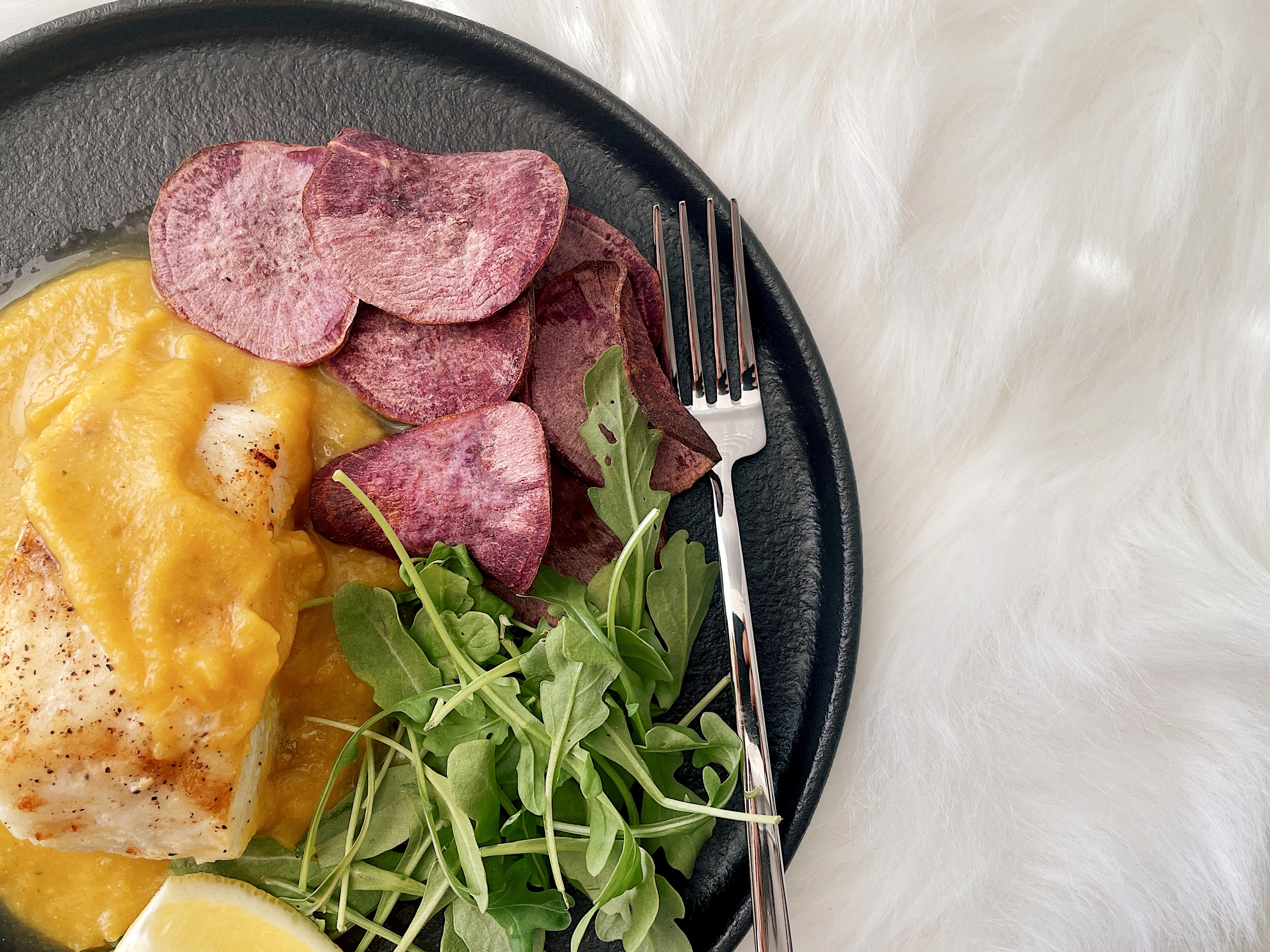 Roasted cod with creamy pumpkin sauce