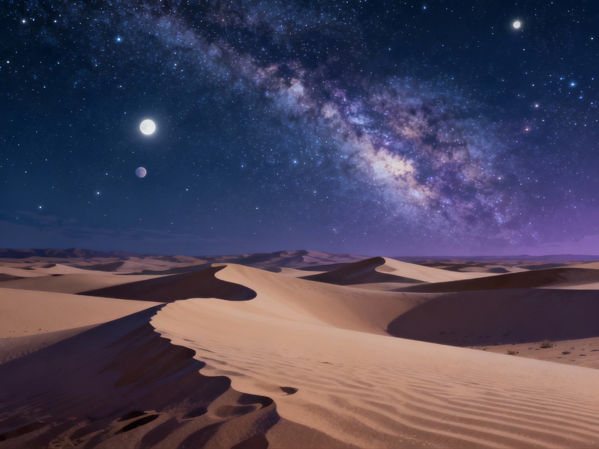A fine-art illustration-inspired wide landscape portraying a vast desert under a star-filled night