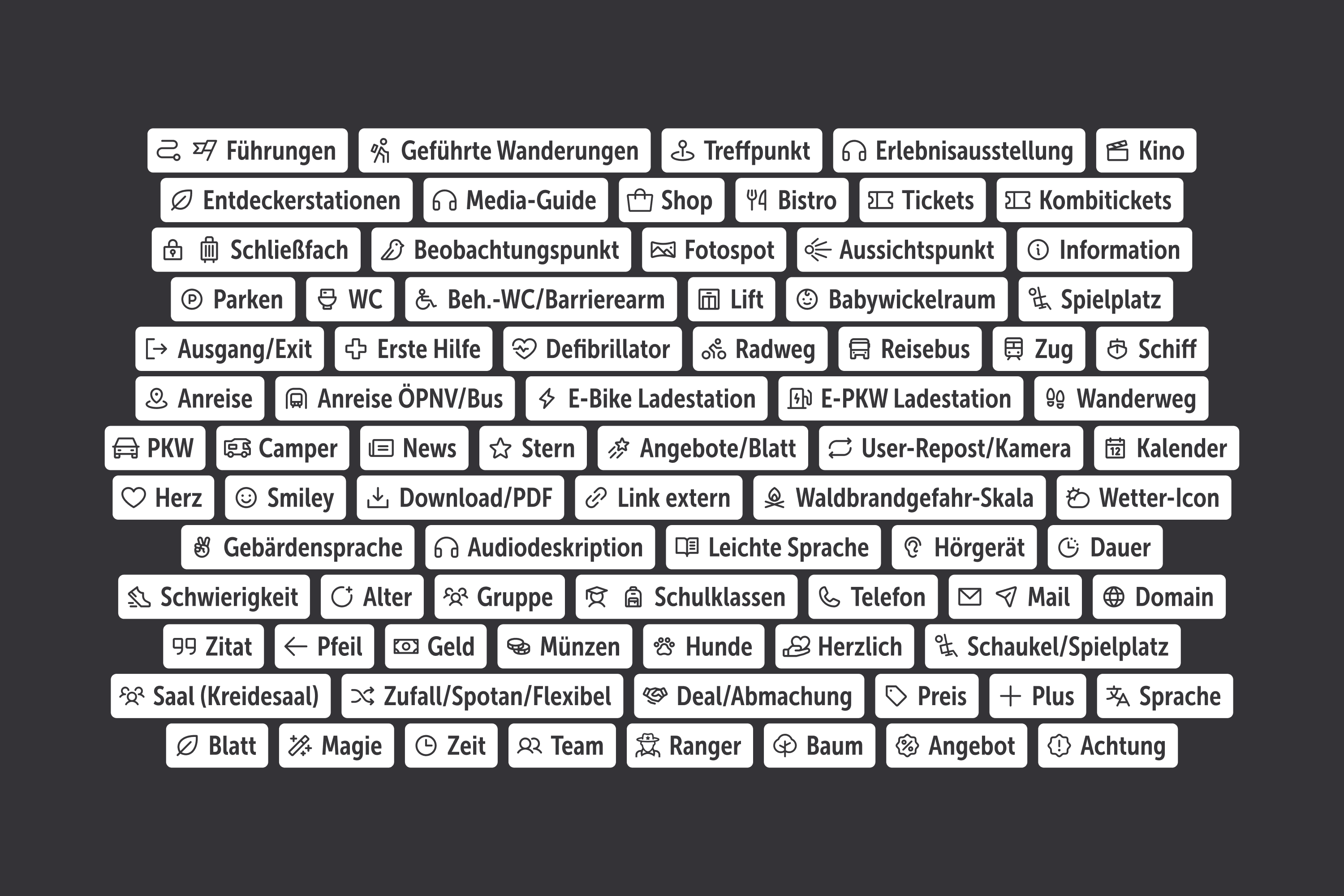 Icons and German words for services and amenities.