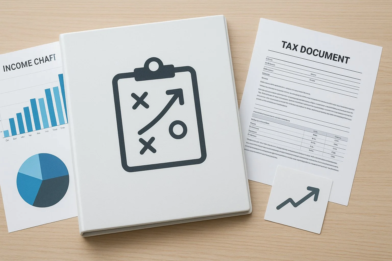 Clean table with a binder featuring a planning icon, surrounded by income charts, tax documents, and a small card with an upward arrow symbolizing improved savings.