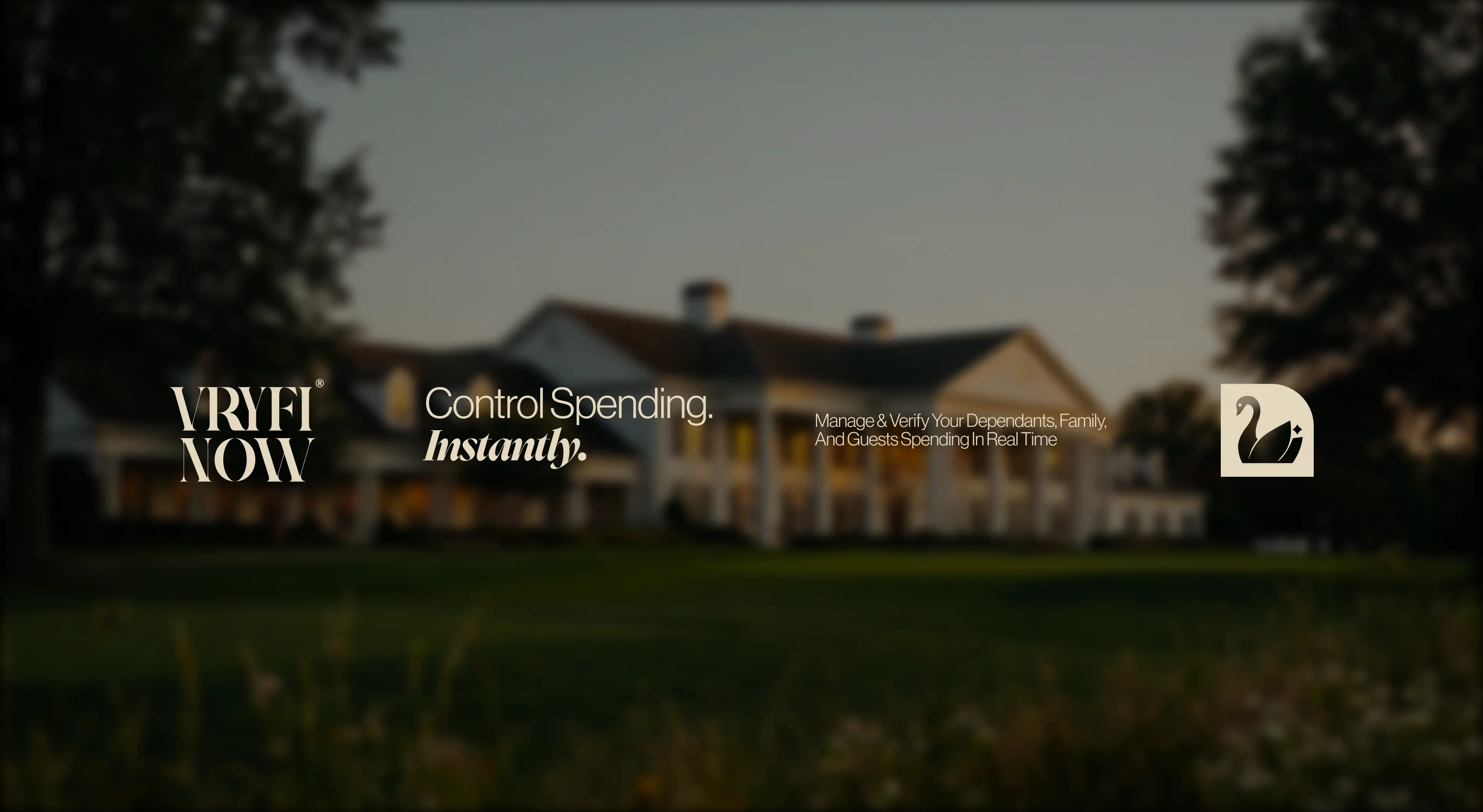 VRYFI NOW lifestyle brand image featuring a luxury estate venue at dusk with product messaging overlay