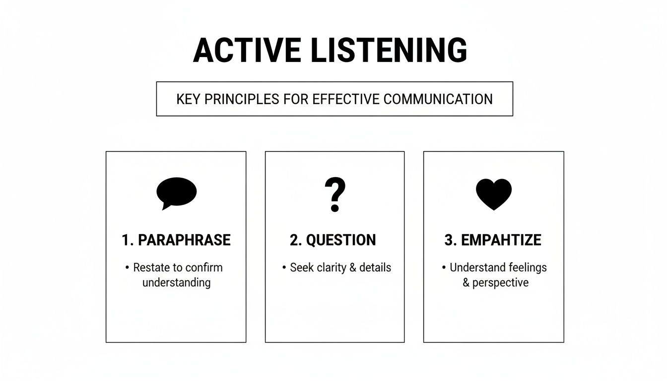 An infographic illustrating three key principles of active listening: paraphrase, question, and empathize for effective communication.