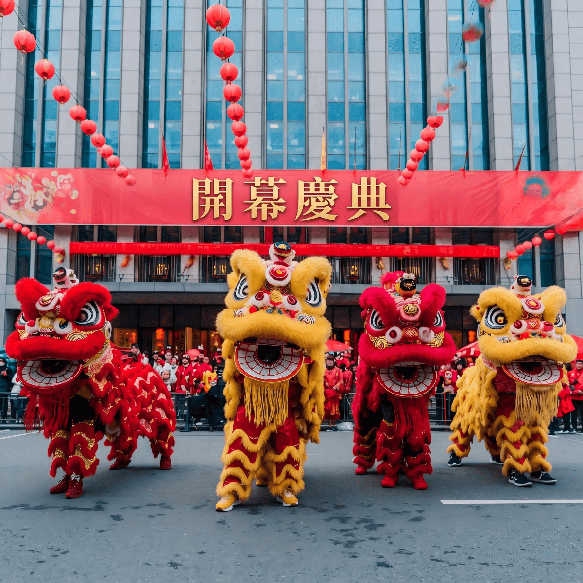 傳統開業典禮剪綵加醒獅，尊重本地禮俗與長輩期望，營造喜慶開張氣氛 Traditional grand opening ceremony with ribbon cutting and lion dance to honour local customs and create an auspicious business opening atmosphere 開張剪綵 傳統開業典禮 醒獅表演