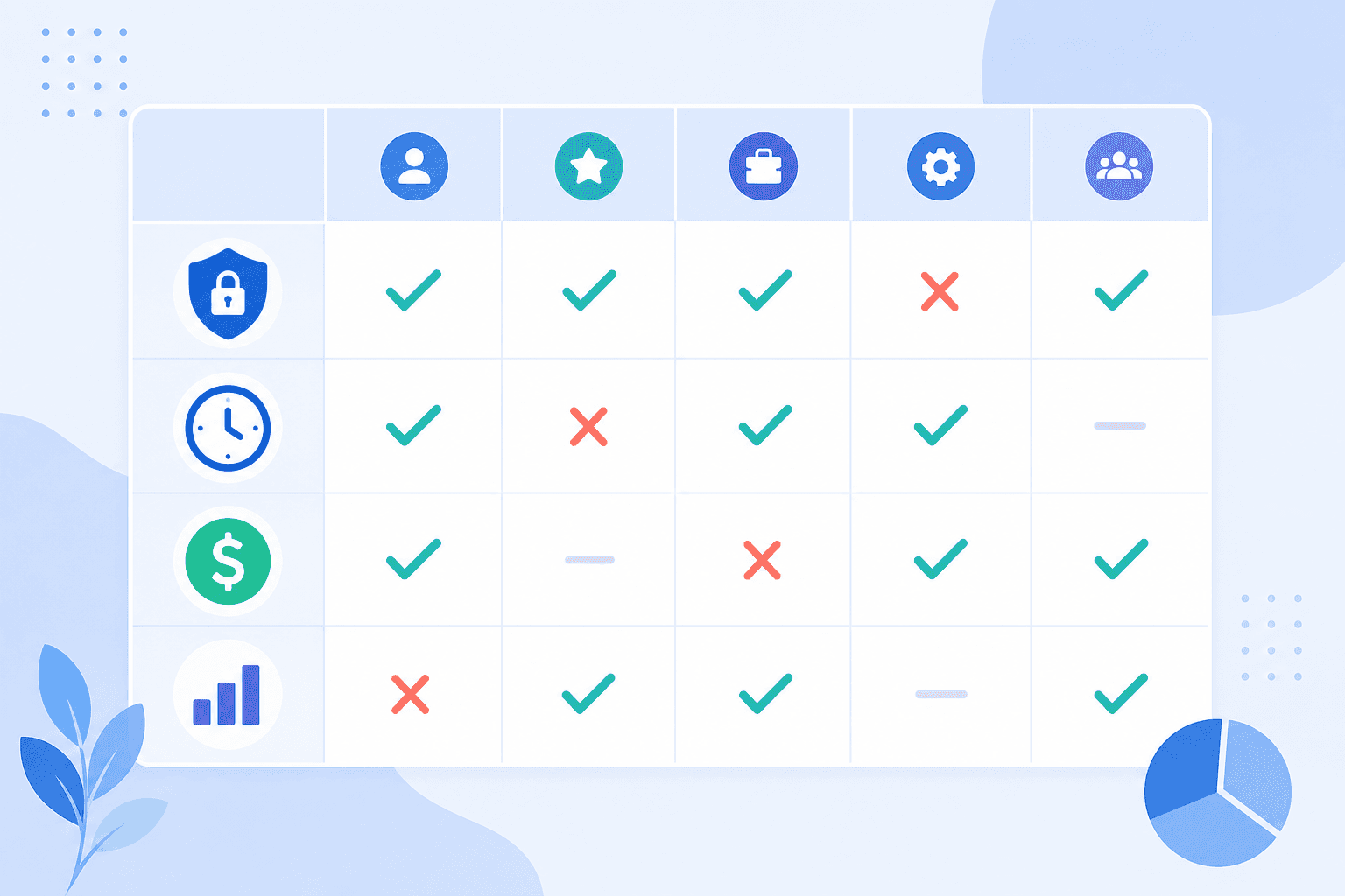 A clean modern flat design illustration showing a structured evaluation checklist or scorecard grid with multiple rows and columns, checkmarks and X marks in cells, abstract icons representing categories like security shield, clock, dollar sign, and chart bars along the left side, soft blue and white color palette, professional business analytics aesthetic, no text or labels anywhere
