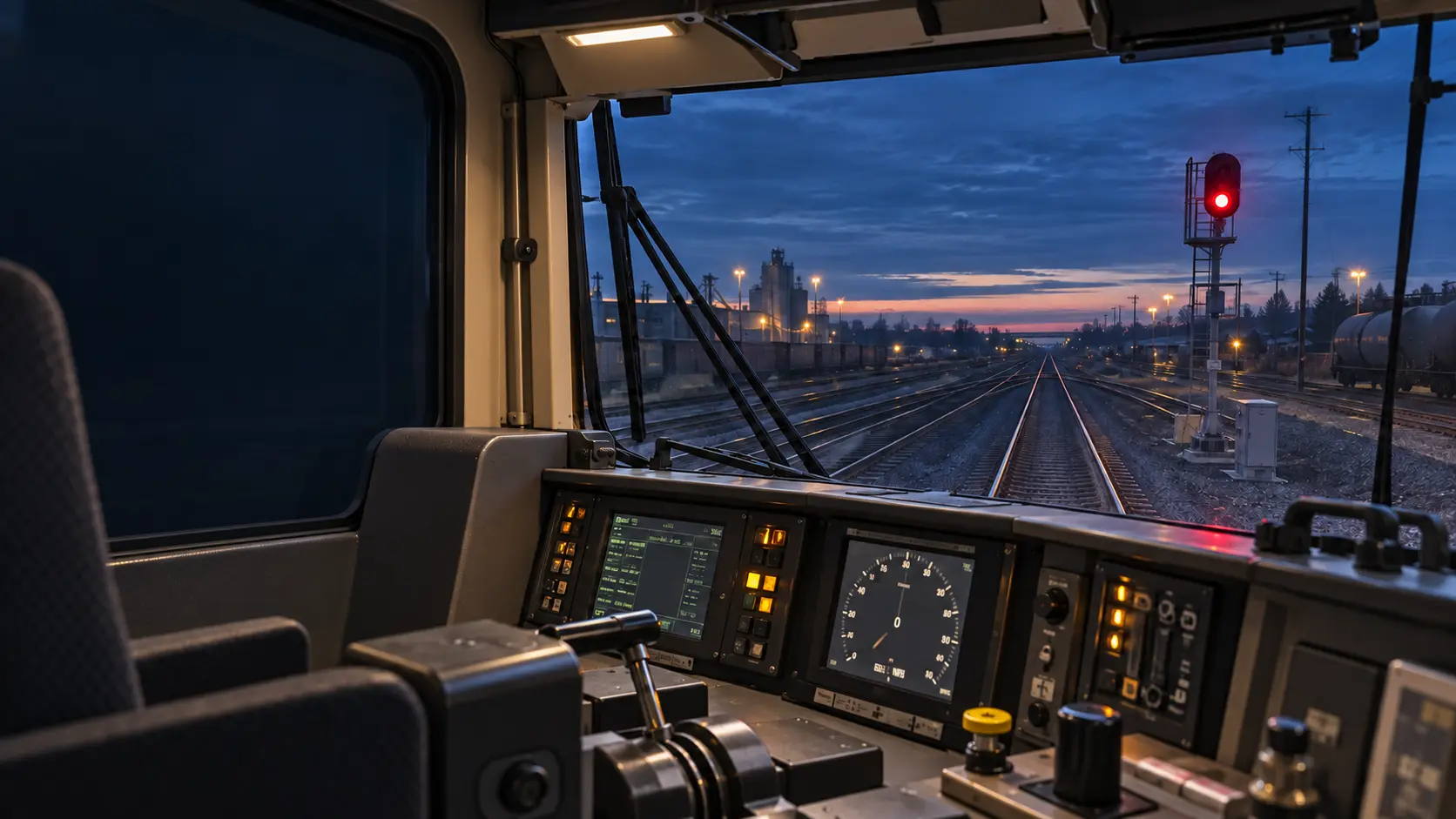 Locomotive cab view toward a red stop signal