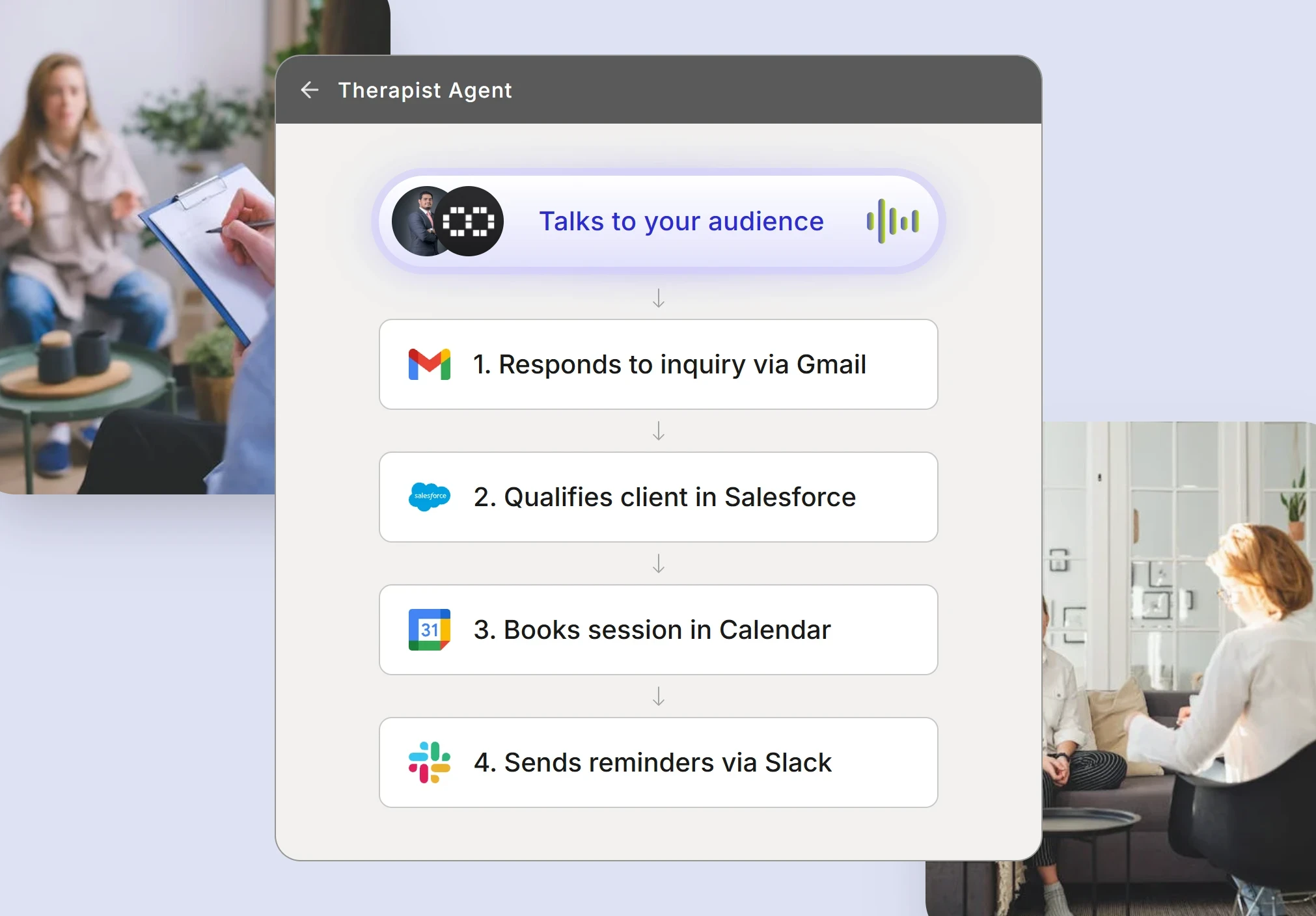 Therapist workflow showing AI agent qualifying clients and booking sessions