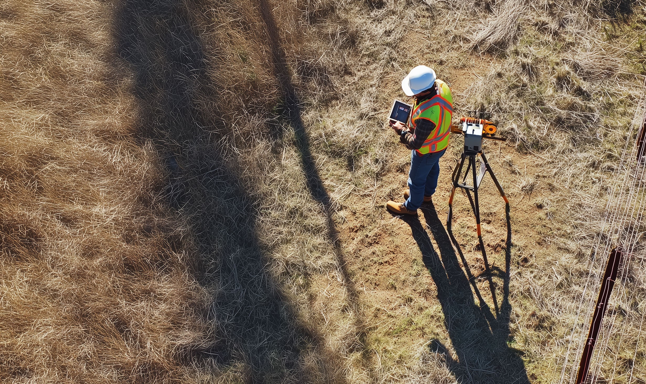 Birds eye view of a professional land surveyor in an empty field with surveying equipment