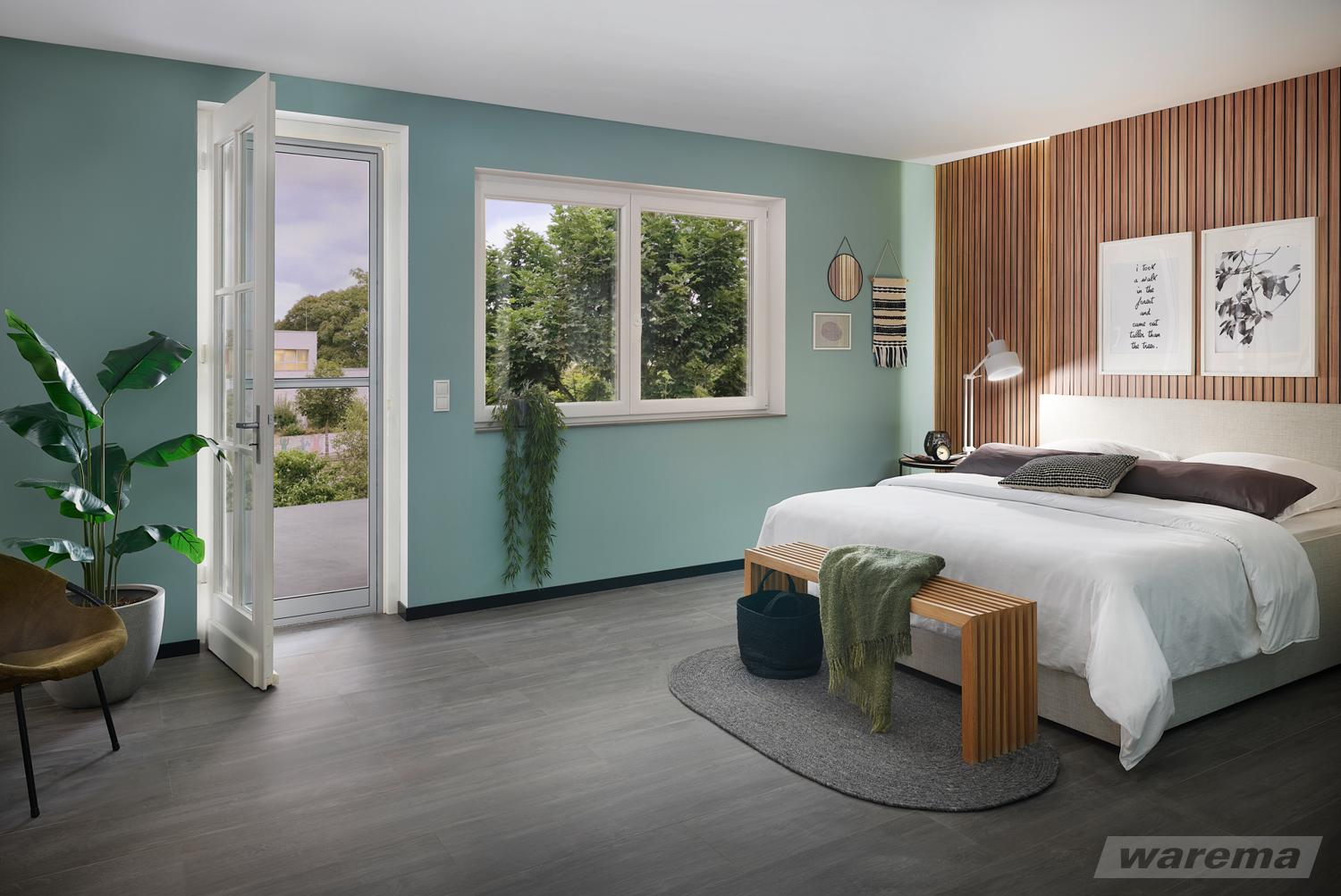 Modernes Schlafzimmer in Westerwalbesloh mit maßgefertigtem Sonnenschutz. Themen: Markisen, Rollladen, Raffstoren, Insektenschutz, Montage in OWL.