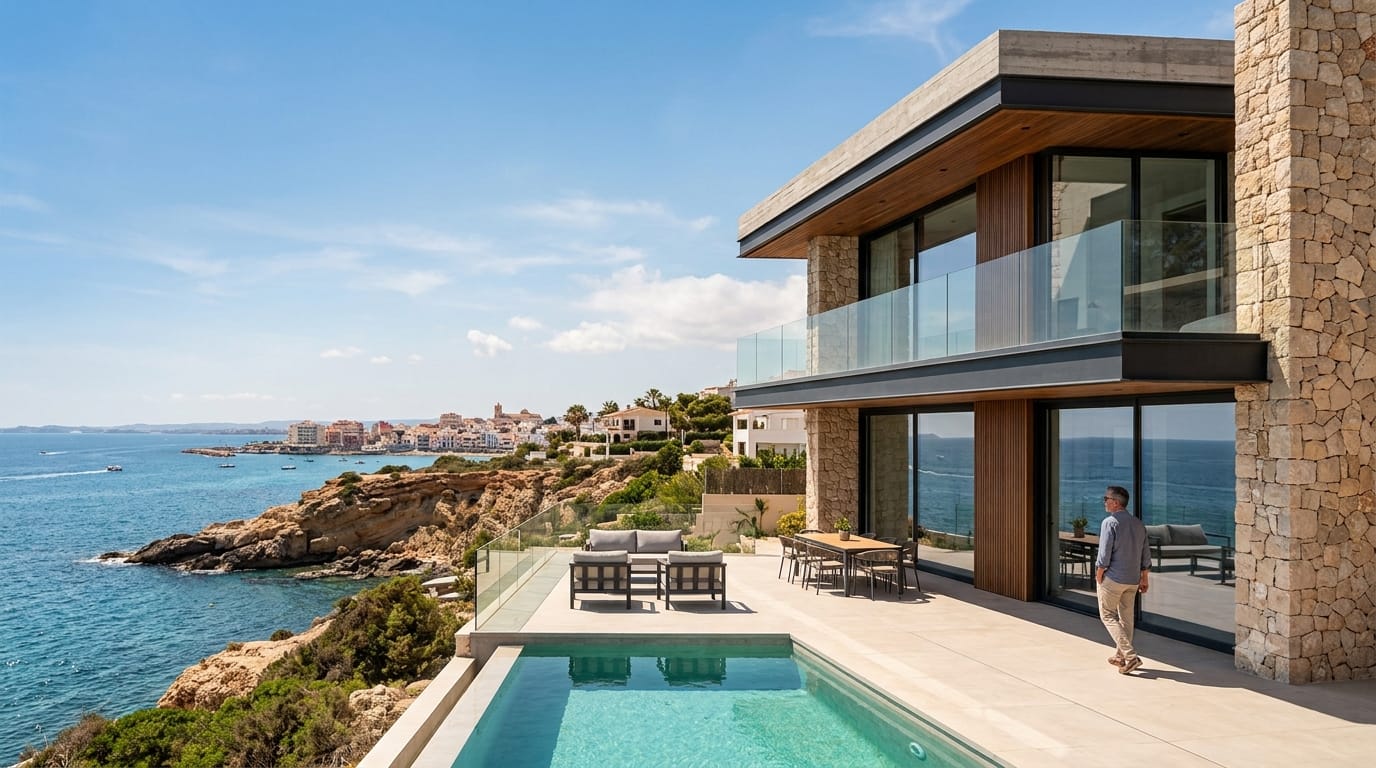 Modern kitchen with marble floors, wooden cabinets, a sleek island with four orange barstools