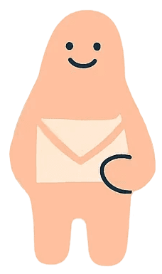 This image displays a cute, minimalist drawing of a peach-colored, smiling AI agent holding a white envelope with simple black lines for the face and outline.