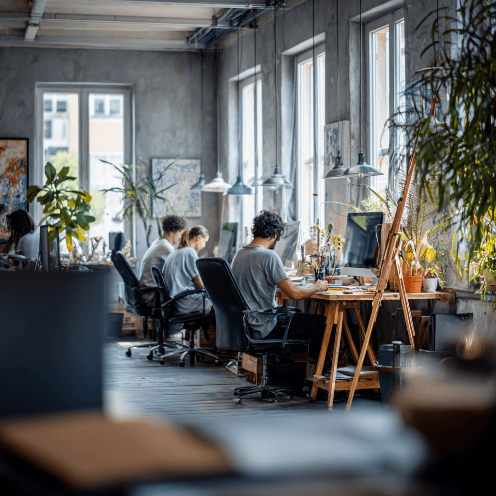 Group of team members working inside a coworking space