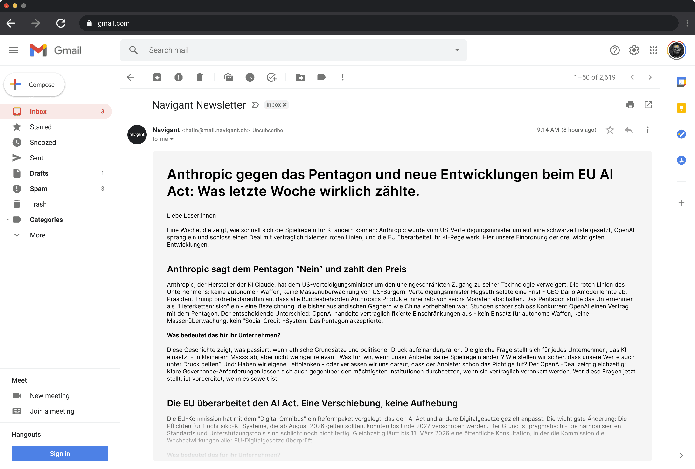 Beispiel-Bild eines Navigant KI Governance Newsletters im E-Mail Posteingang