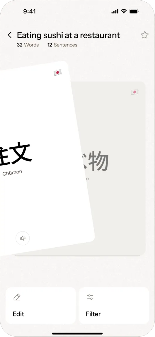Language learning app UI design featuring a flashcard-based lesson experience