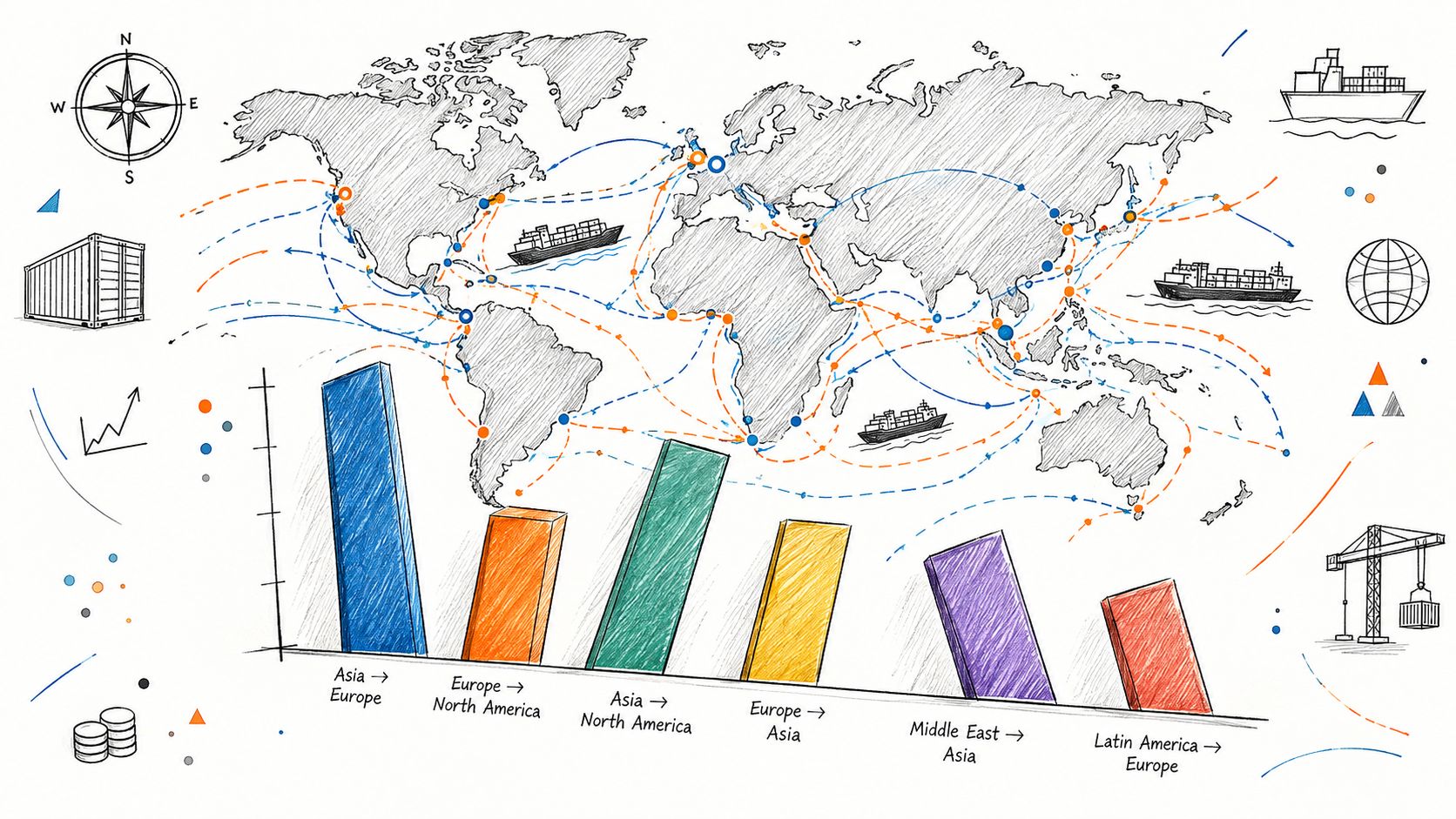 A sketched world map illustrating international shipping routes alongside a colorful bar chart displaying logistics data.