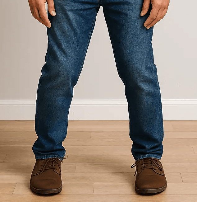 Adult man standing with legs curved outward, showing symptoms of bowlegs (genu varum).
