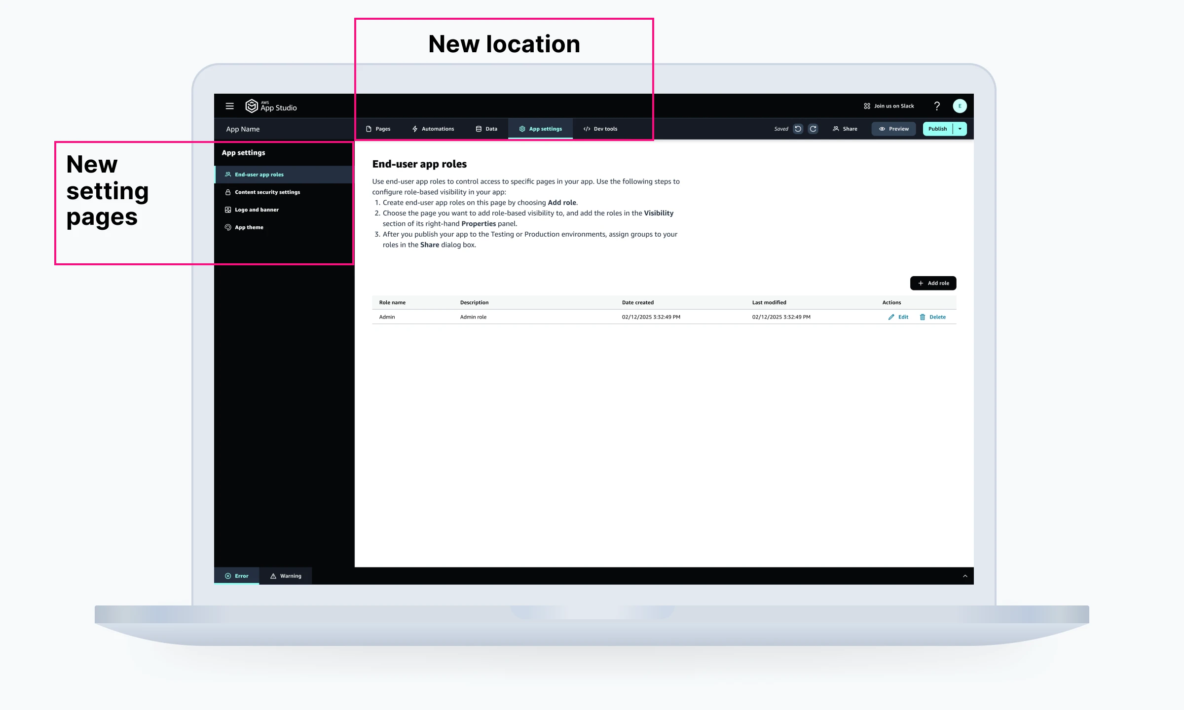 Updated location of the header and theming settings