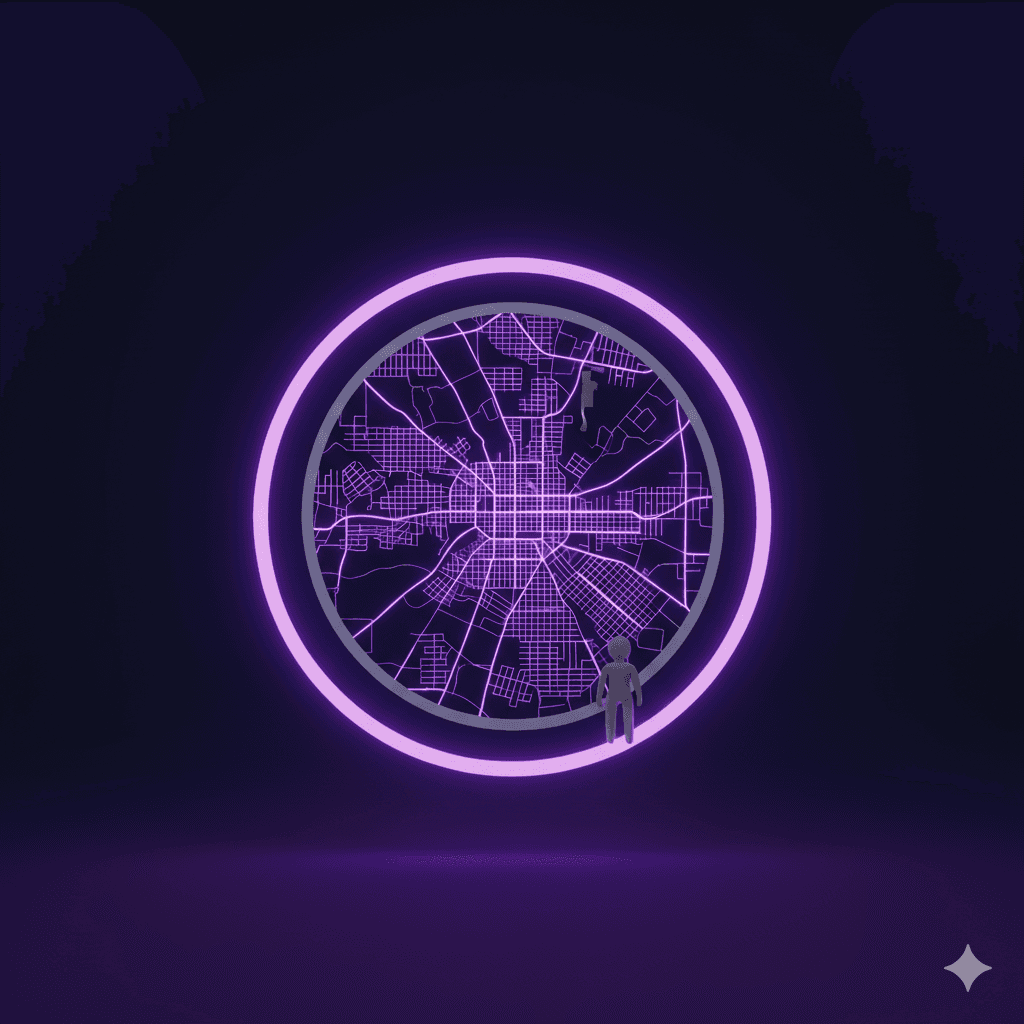 A glowing map with a radius circle around a city and a figure at its edge, illustrating the geographic scope of a broad non-compete agreement