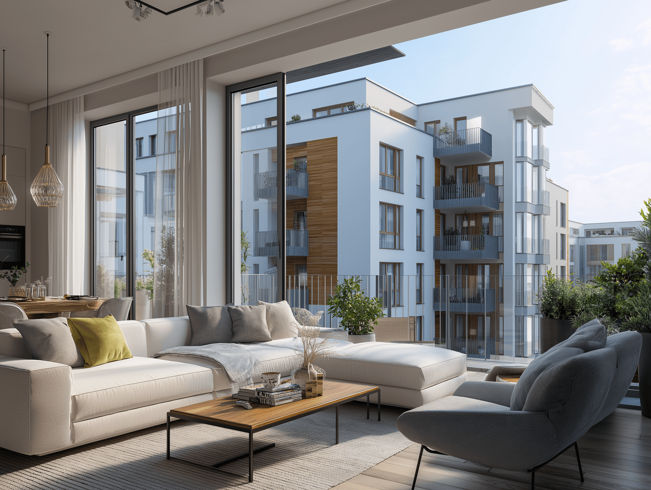 Bright, modern living room with a white sectional sofa and large glass doors opening to a terrace, overlooking a contemporary apartment building.