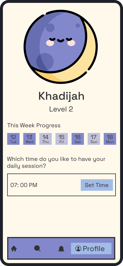 a picture of mobile ui design demonstrating the user weekly meditation progress and the ability to set a reminder