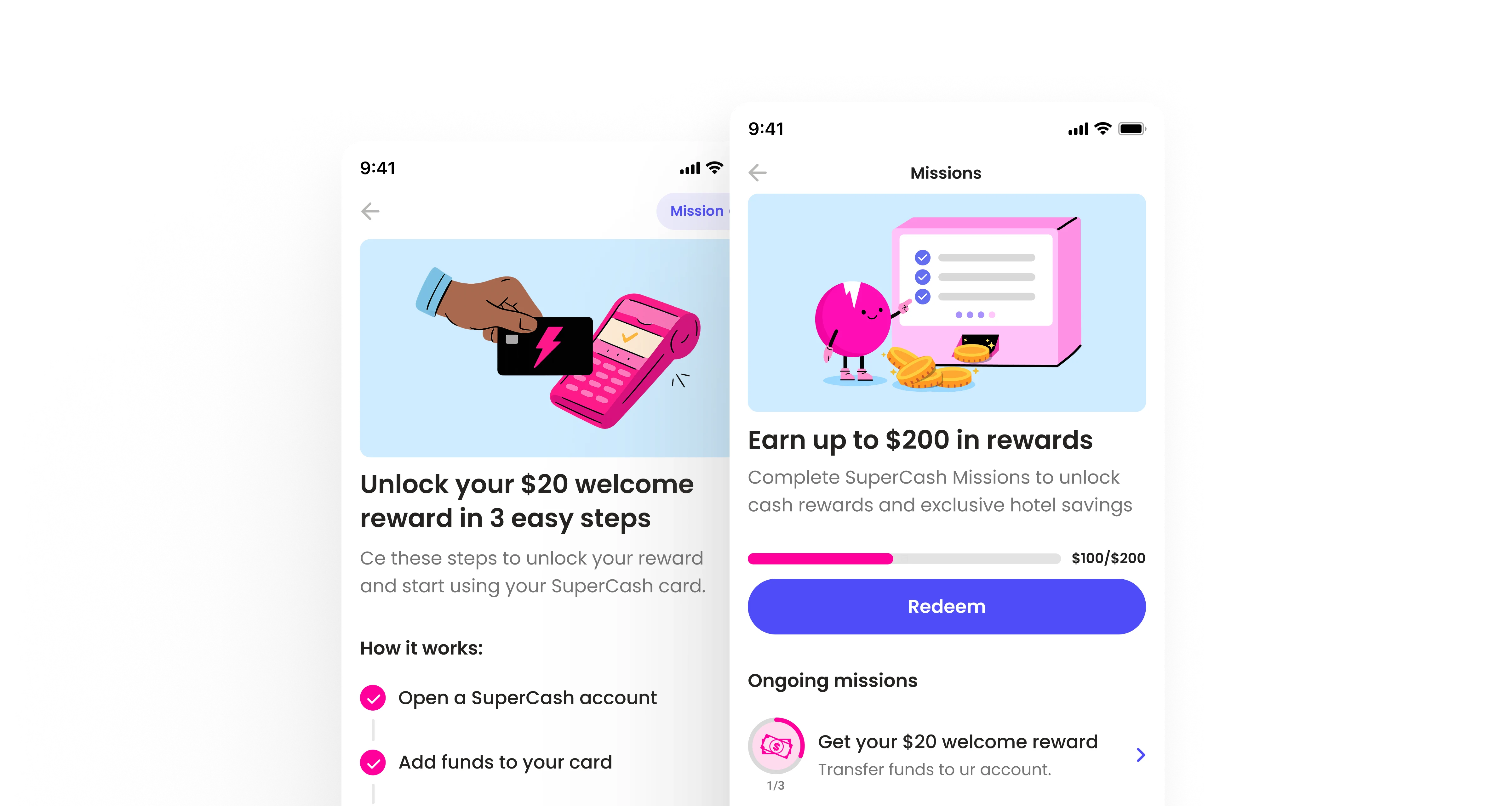 Product design mockup of Super.com’s new Missions system showing task-based rewards, progress tracking, and referral milestones, highlighting Yanick’s redesign that made rewards clear and motivating