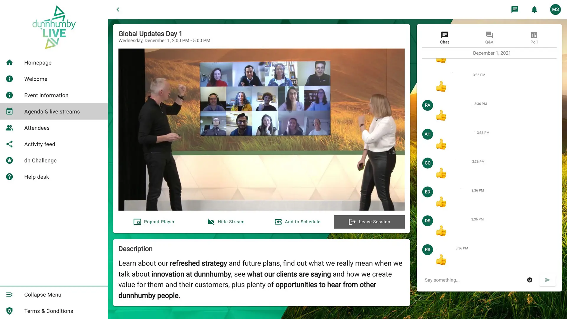 Screenshot of the dunnhumby Live digital event platform showing a live session, video feed, and audience chat interaction.