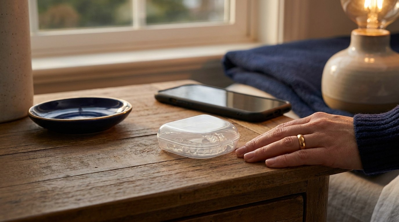 A closed clear night guard case on a wooden bedside table with a hand resting nearby and a phone lying face down