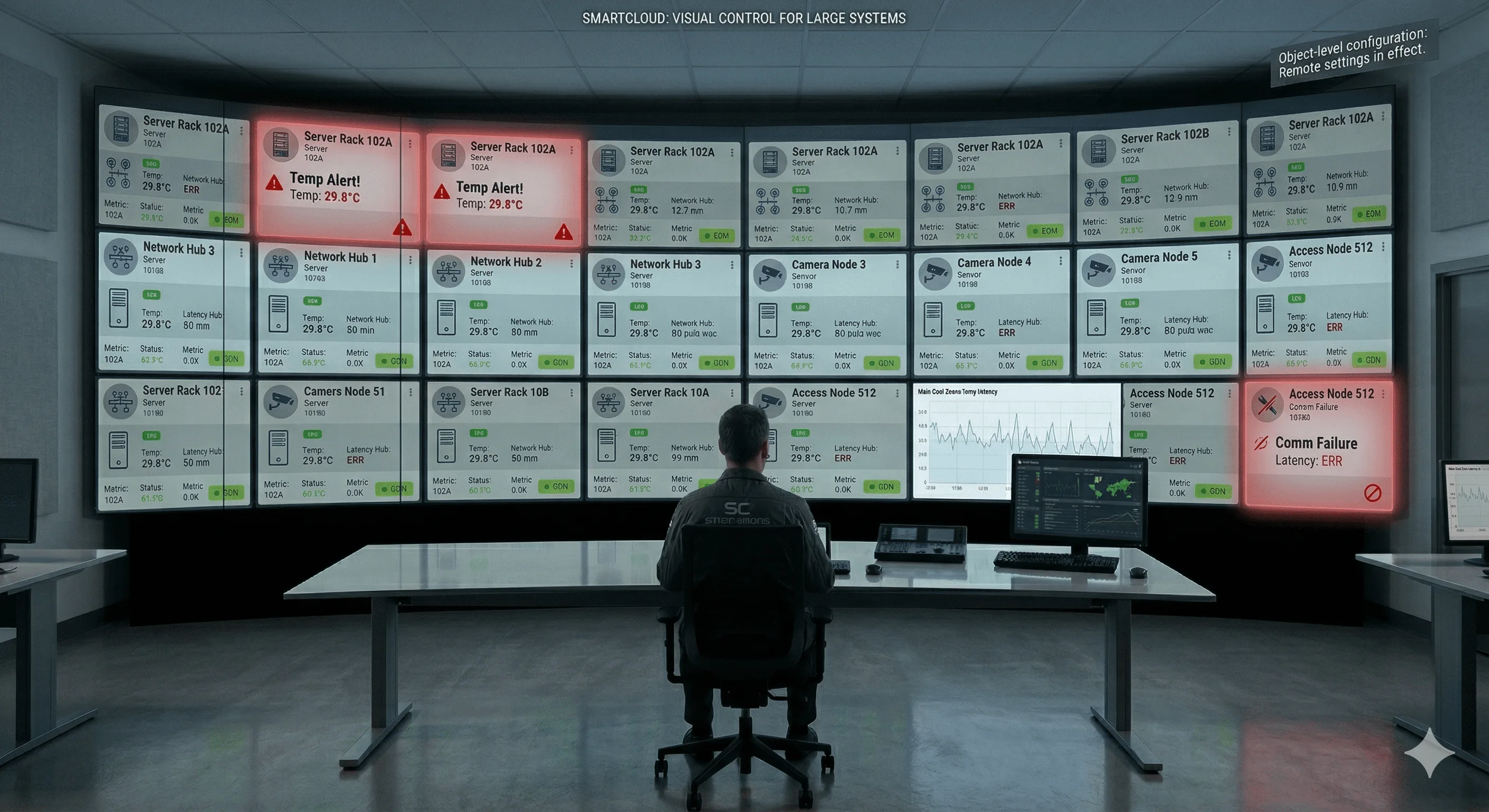 SmartCloud operational control center: dispatcher monitoring real-time infrastructure telemetry and status panels on a large video wall screen