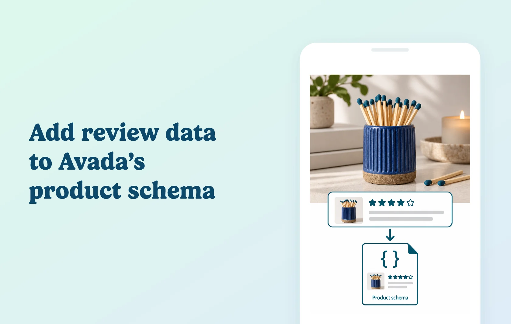 Judge.me and Avada SEO Image Optimizer integration: illustration of a match-striker product review connected to a structured-data document.