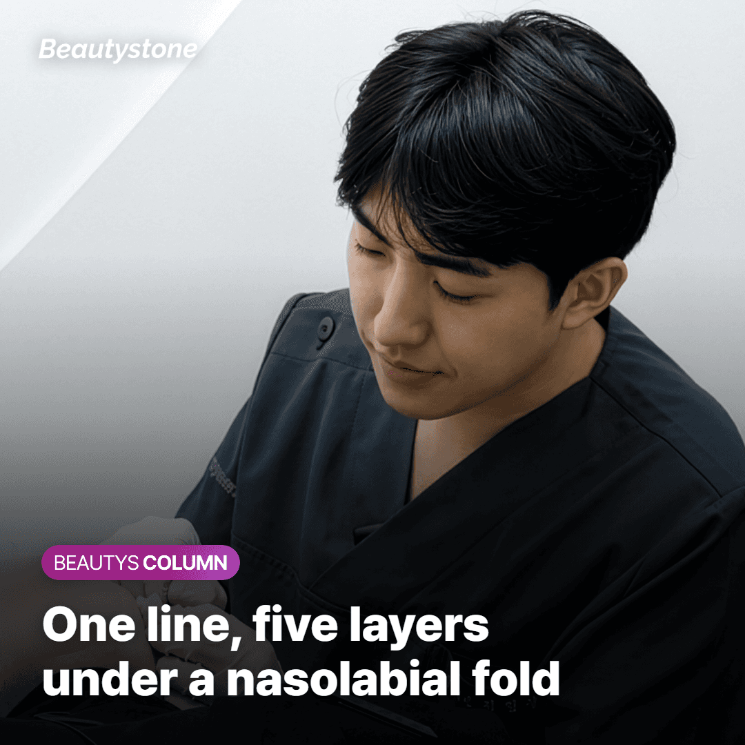 The layers stacked under a nasolabial fold, from skin to fascia