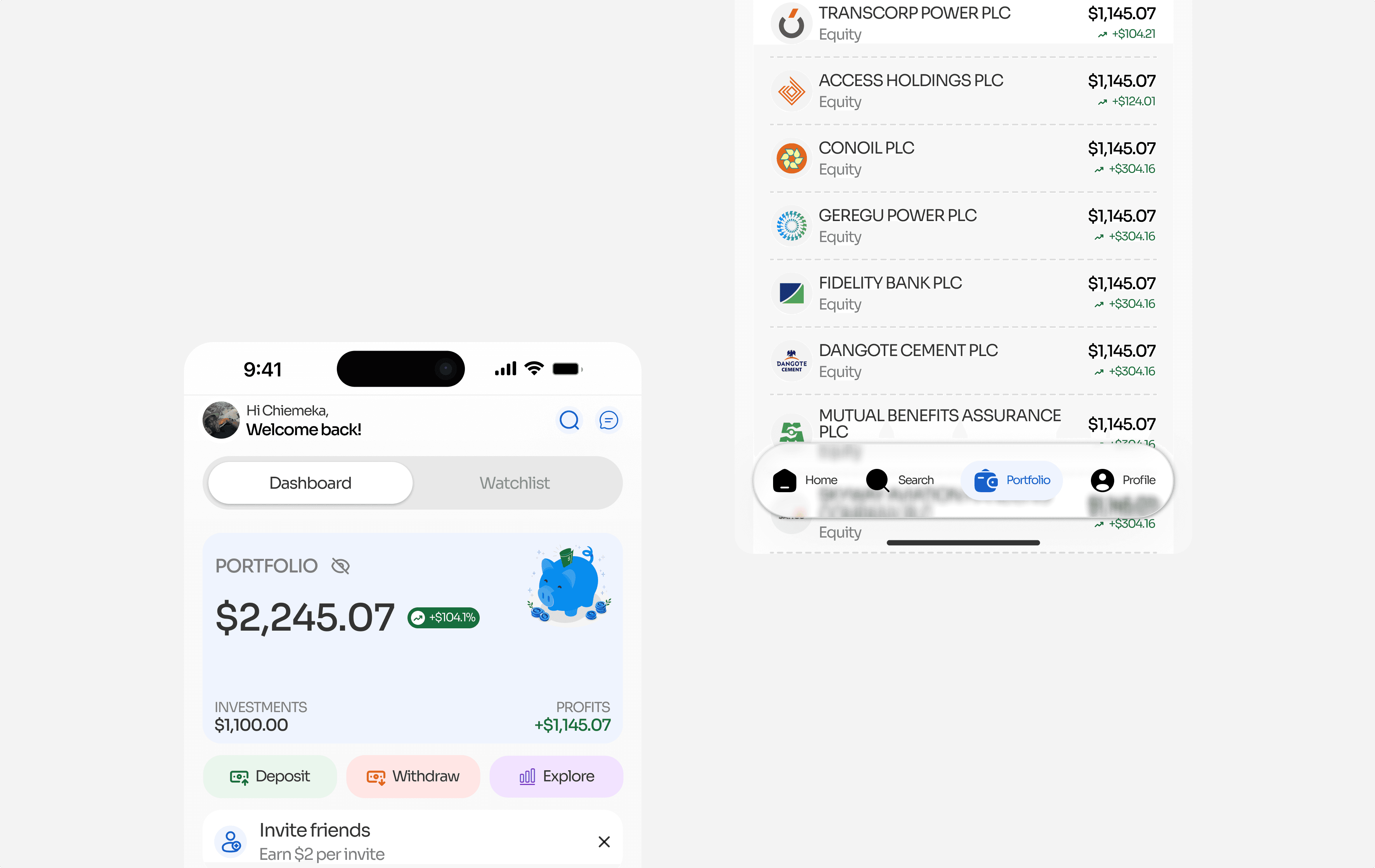 Half-Page Portfolio Dashboard & Watchlist Management Screens