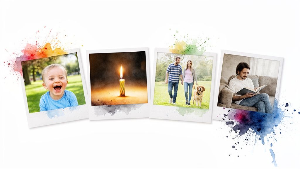 Four watercolor-style photos depicting life moments: a happy baby, a lit candle, a couple with a dog, and a man reading.