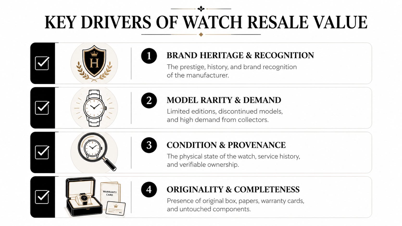 An infographic detailing four primary factors influencing the resale value of luxury watches.
