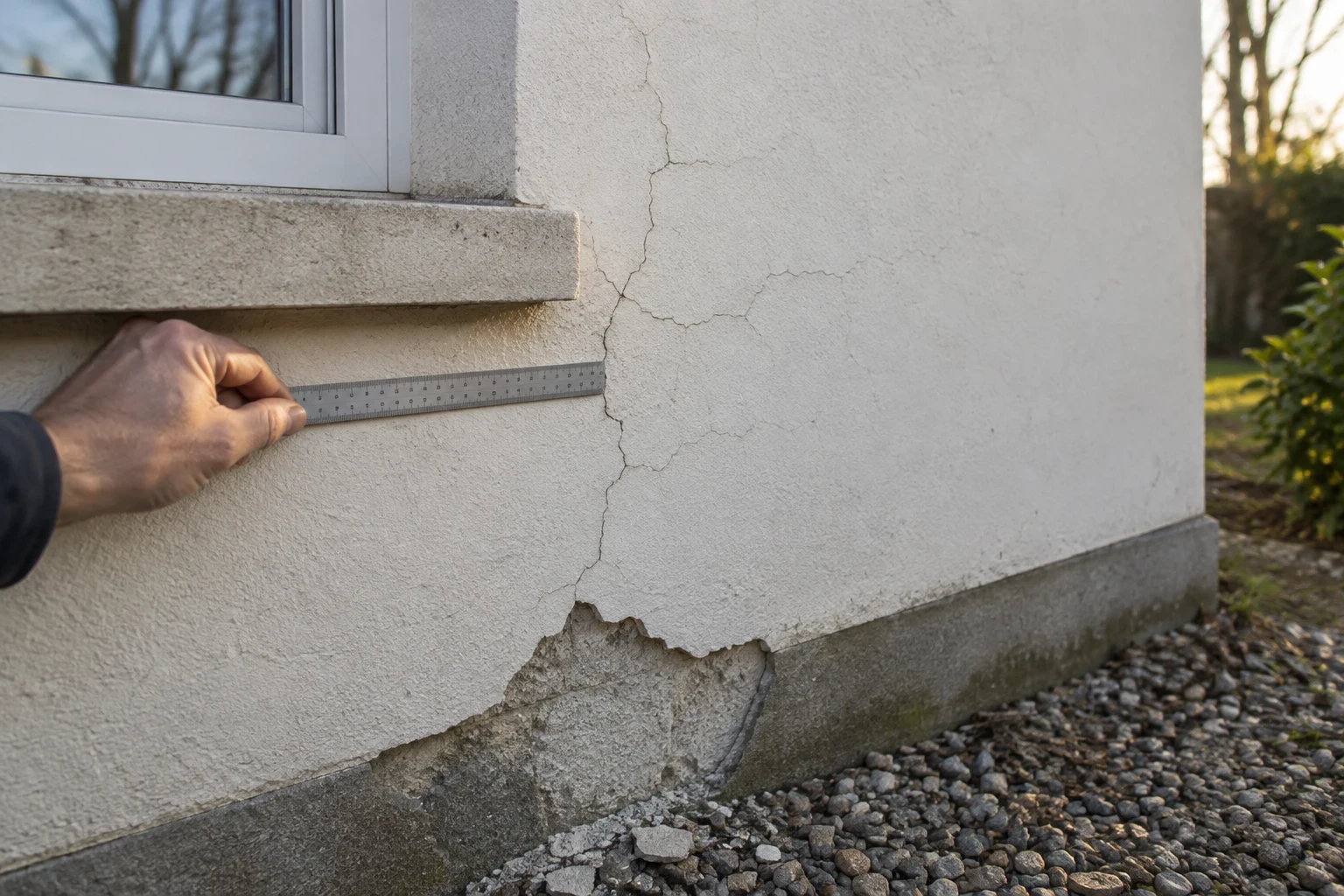 Façade de pavillon en enduit clair avec un réseau de fines fissures près d’un appui de fenêtre et une plaque d’enduit détachée