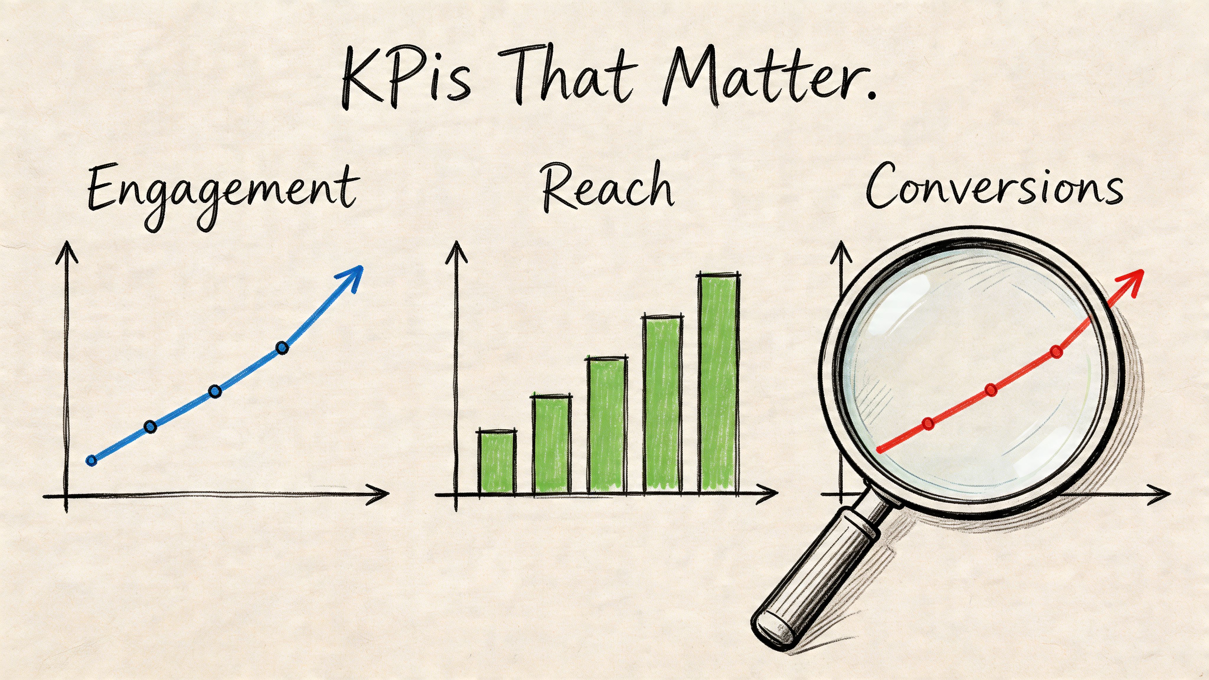 A hand-drawn illustration depicting growth charts for engagement, reach, and conversions under the title KPIs That Matter.