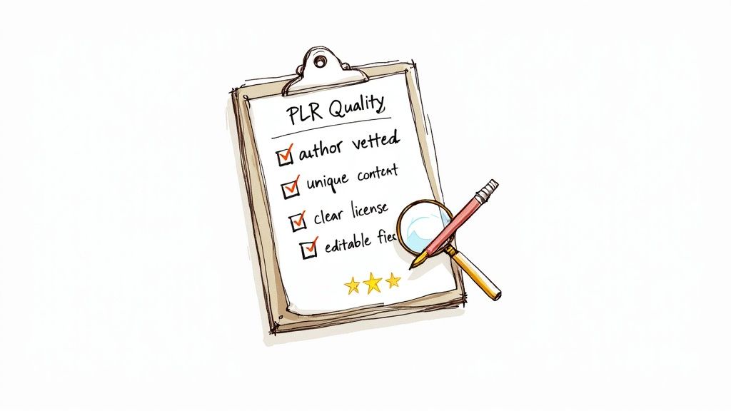Clipboard showing PLR quality checklist with author vetted, unique content, clear license, and editable fields checked
