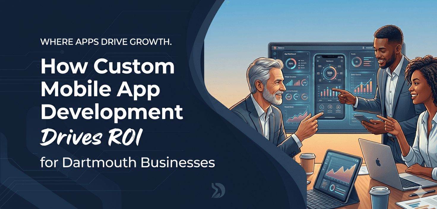 Illustration of team reviewing mobile app analytics driving business ROI