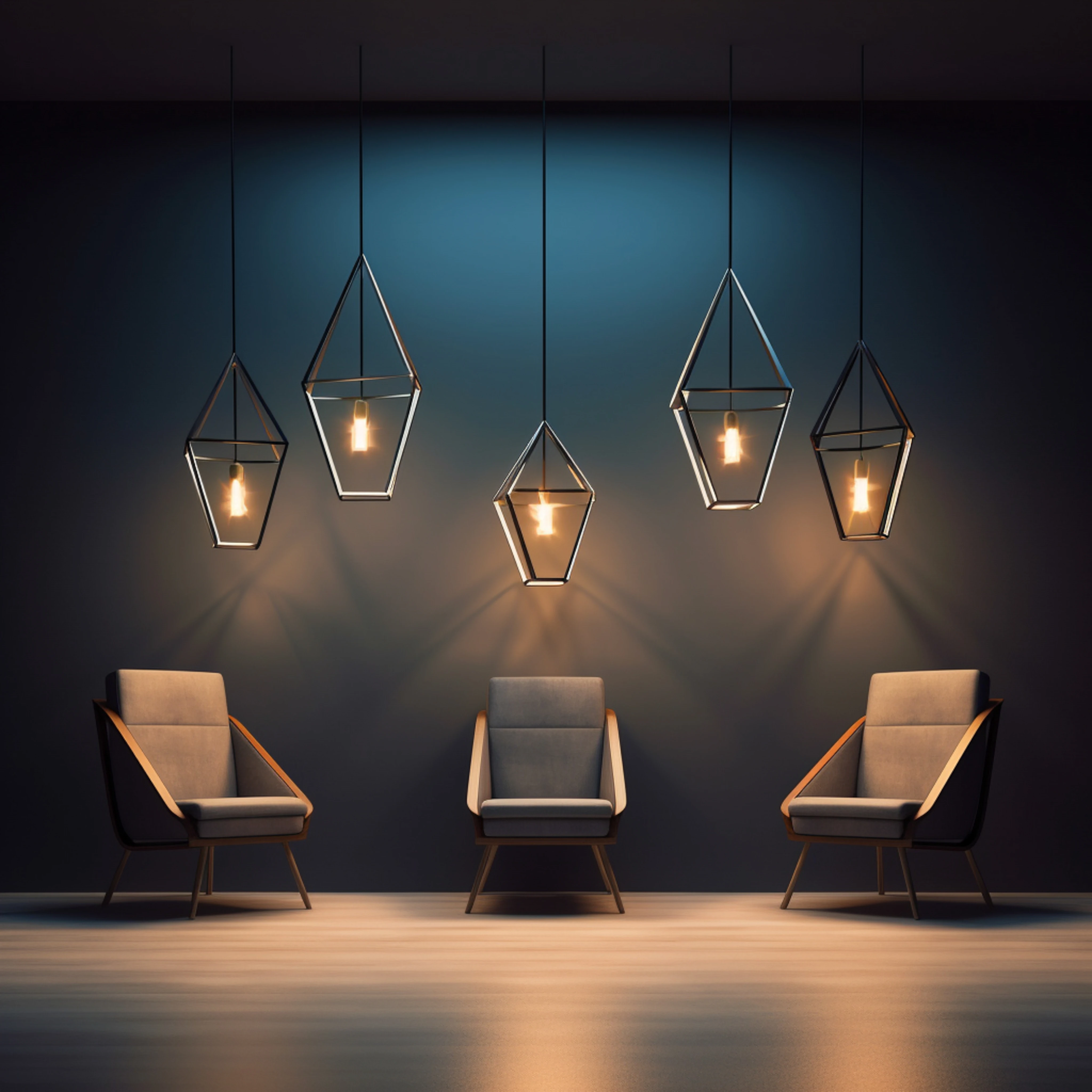 Three geometric wireframe pendant lights hanging above sleek armchairs against a dark blue wall.