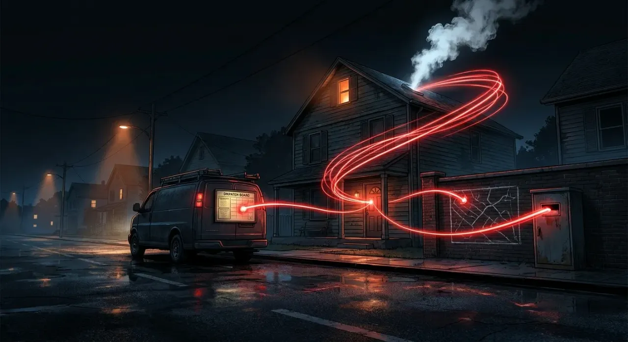 Night scene with RockN' Socials van emitting glowing red digital lines.