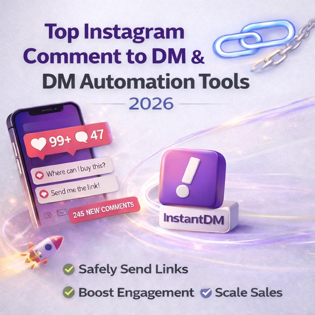 Blog header illustration showing Instagram comment-to-DM and DM automation tools for 2026, with a smartphone displaying comment notifications, automation icons, and InstantDM branding on a light grey background.